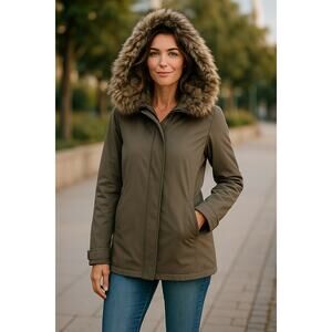 L’agence Parka Coat Detachable Faux Fur Hood Coat Plaid Wool Lining Size 4